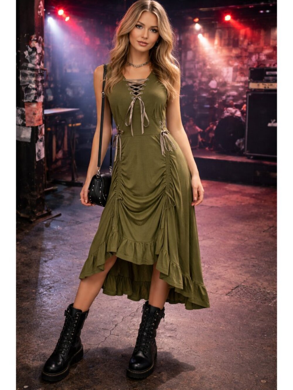 Scarlet Darkness Steampunk Lace Up midi Dress Size Small Olive green Fairy Goth